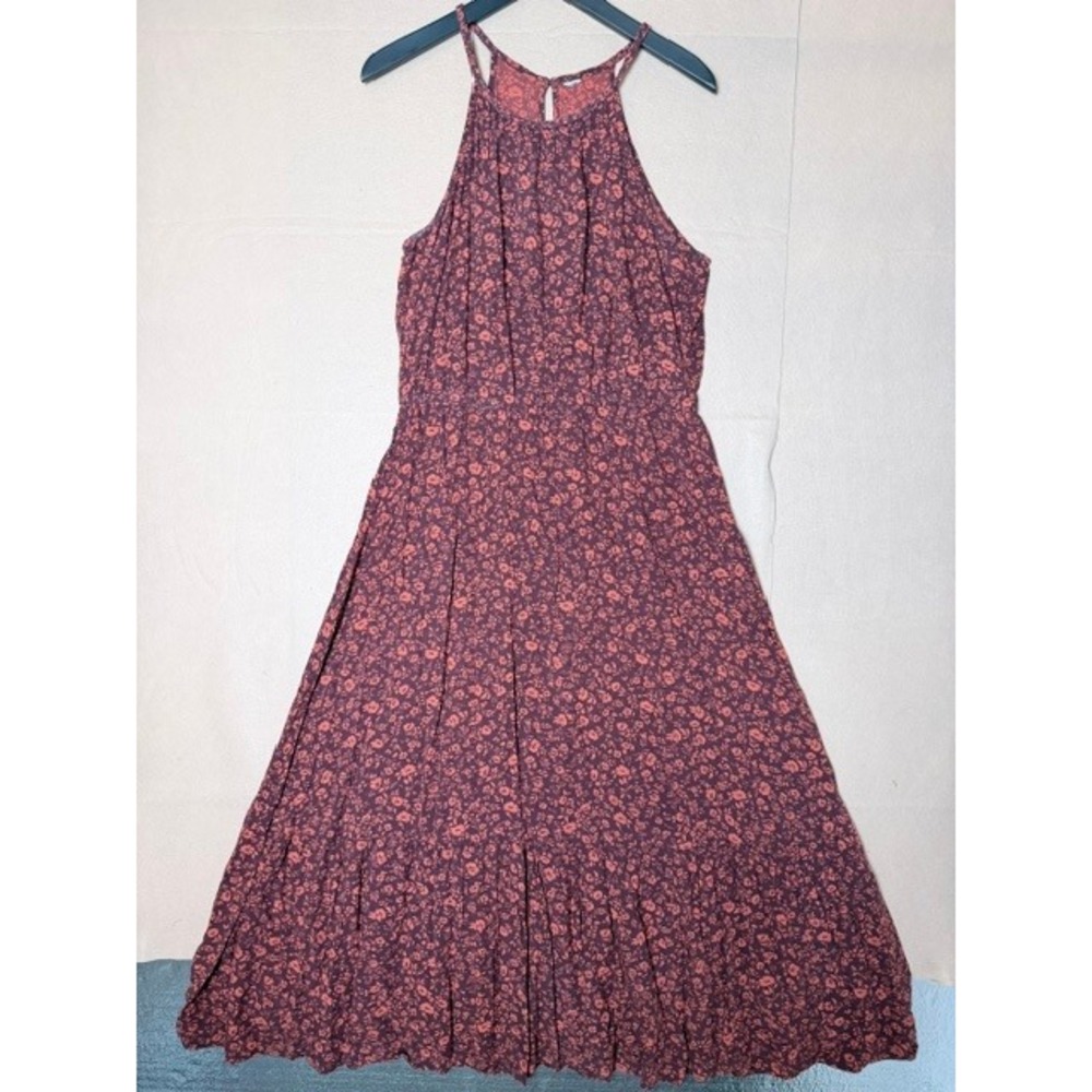 Women's Floral Maxi Dress Sleeveless Halter Neck Smocked Waist Boho Burgundy